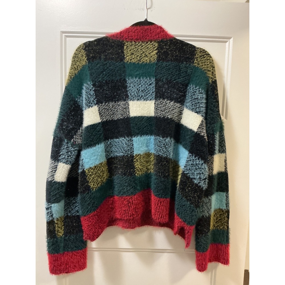 Anthropologie Moth Eyelash Knit Sweater Womens XL Multicolor Plaid Crewneck Fuzy - Picture 3 of 3